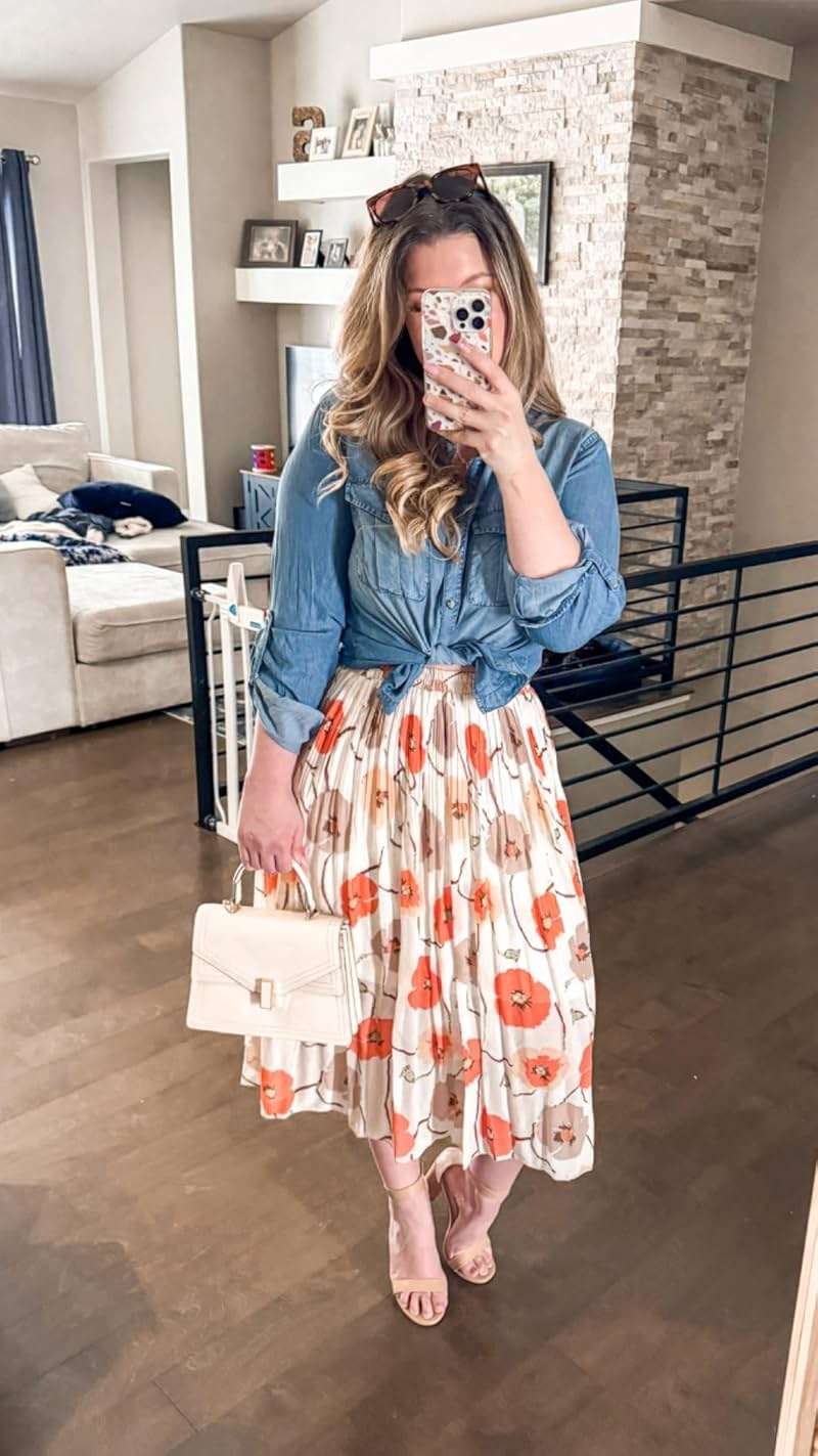 Kingfancy Women's Pleated Skirt Chiffon Elastic Waist A-Line Midi Length Skirt - Image 5