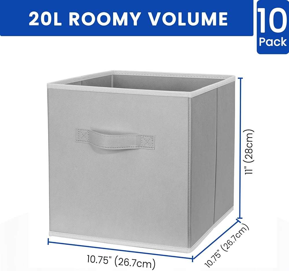 Criusia Storage Cubes, 11 Inch Cube Storage Bins for Shelves (10 Pack), Fabric Collapsible Storage Bins with Dual Handles, Foldable Cube Baskets for Magazines, Closet Organizers and Storage Box (Grey) - Image 2