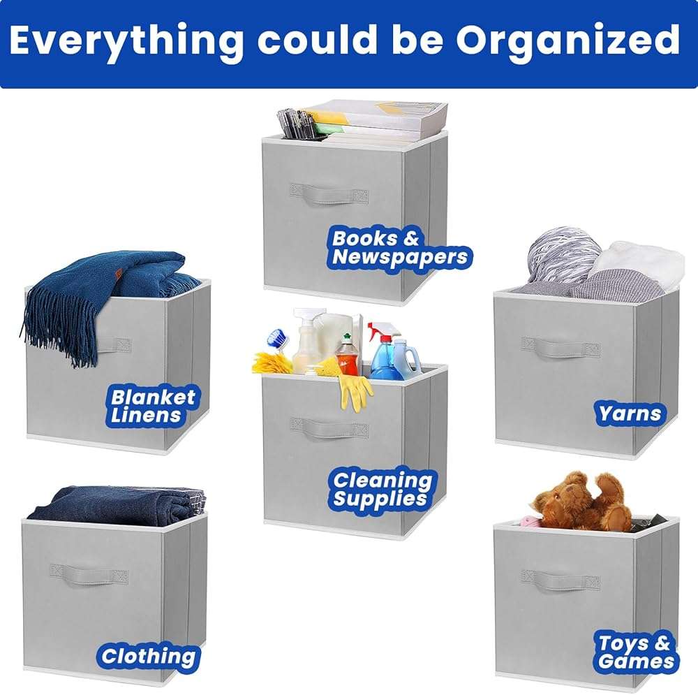 Criusia Storage Cubes, 11 Inch Cube Storage Bins for Shelves (10 Pack), Fabric Collapsible Storage Bins with Dual Handles, Foldable Cube Baskets for Magazines, Closet Organizers and Storage Box (Grey) - Image 4