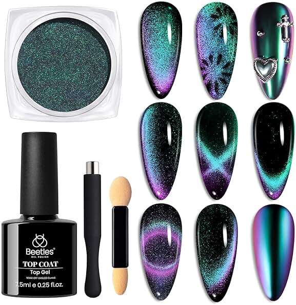 Beetles Cat Eye Chrome Nail Powder Set, 2 in 1 Holographic Metallic Mirror Effect Chameleon Galaxy Powder with No Wipe UV Gel Top Coat Magnet for Velvet Metallic Nail Art - Image 1