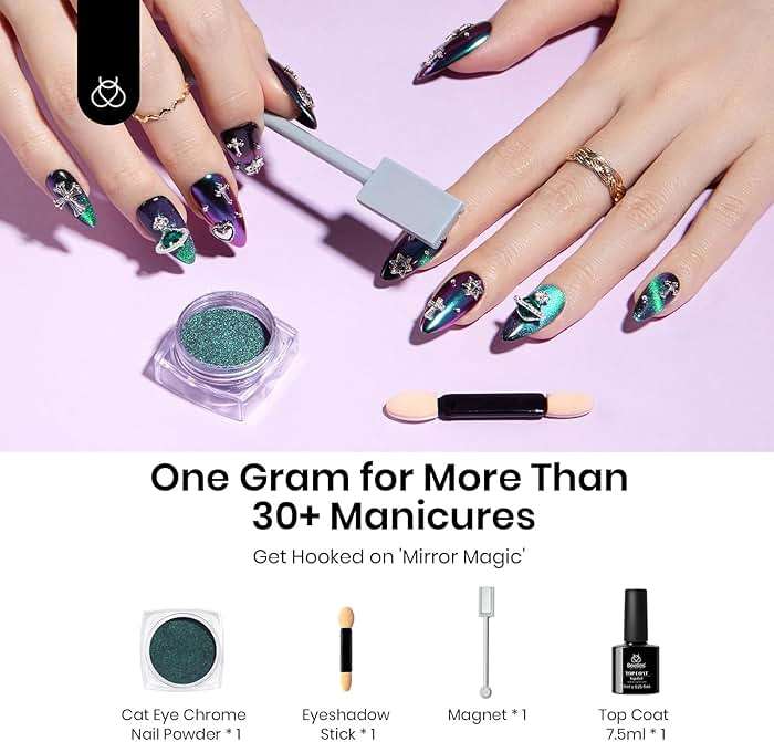 Beetles Cat Eye Chrome Nail Powder Set, 2 in 1 Holographic Metallic Mirror Effect Chameleon Galaxy Powder with No Wipe UV Gel Top Coat Magnet for Velvet Metallic Nail Art - Image 2