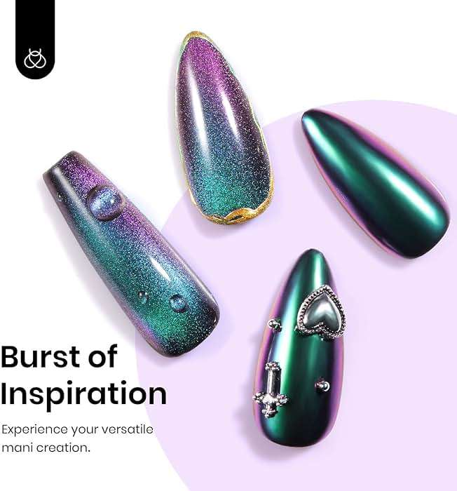 Beetles Cat Eye Chrome Nail Powder Set, 2 in 1 Holographic Metallic Mirror Effect Chameleon Galaxy Powder with No Wipe UV Gel Top Coat Magnet for Velvet Metallic Nail Art - Image 4
