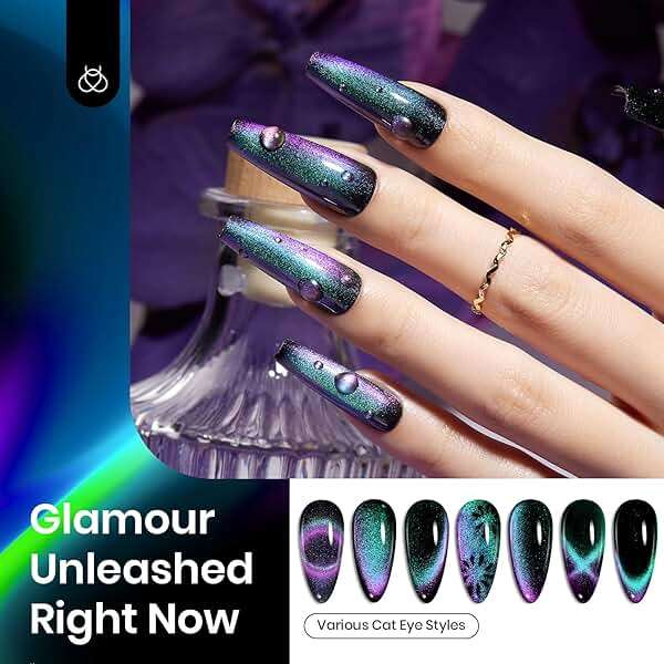 Beetles Cat Eye Chrome Nail Powder Set, 2 in 1 Holographic Metallic Mirror Effect Chameleon Galaxy Powder with No Wipe UV Gel Top Coat Magnet for Velvet Metallic Nail Art - Image 5