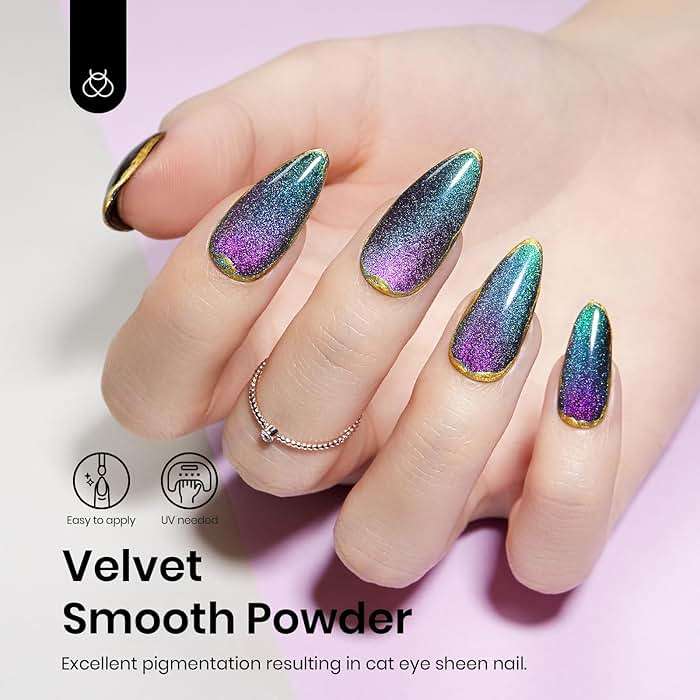 Beetles Cat Eye Chrome Nail Powder Set, 2 in 1 Holographic Metallic Mirror Effect Chameleon Galaxy Powder with No Wipe UV Gel Top Coat Magnet for Velvet Metallic Nail Art - Image 6