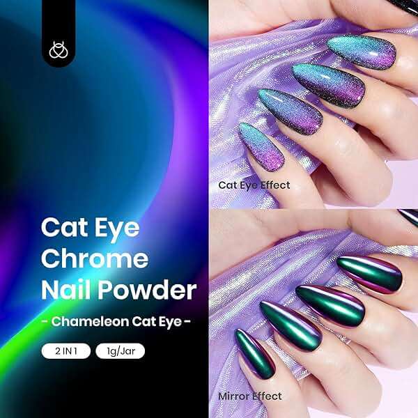 Beetles Cat Eye Chrome Nail Powder Set, 2 in 1 Holographic Metallic Mirror Effect Chameleon Galaxy Powder with No Wipe UV Gel Top Coat Magnet for Velvet Metallic Nail Art - Image 7