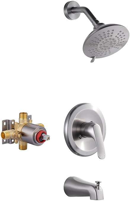 Shower Faucet with Valve, Brushed Nickel Bathroom Tub Shower Faucet Kit, Single Handle Rain Shower Head with Tub Spout, Solid Brass Shower Tub Faucet Set Complete, Bathtub Faucet with Shower - Image 1