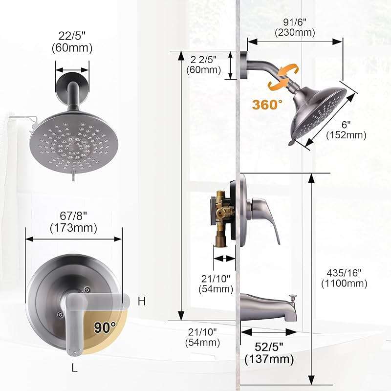 Shower Faucet with Valve, Brushed Nickel Bathroom Tub Shower Faucet Kit, Single Handle Rain Shower Head with Tub Spout, Solid Brass Shower Tub Faucet Set Complete, Bathtub Faucet with Shower - Image 3