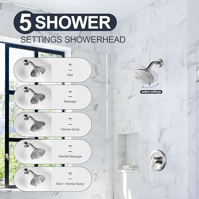 Shower Faucet with Valve, Brushed Nickel Bathroom Tub Shower Faucet Kit, Single Handle Rain Shower Head with Tub Spout, Solid Brass Shower Tub Faucet Set Complete, Bathtub Faucet with Shower - Image 5