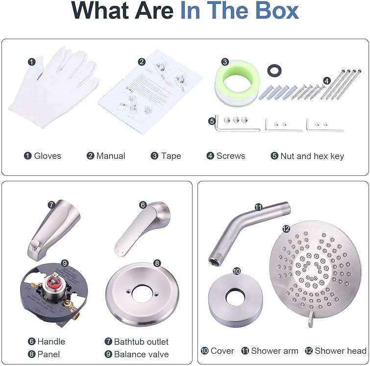 Shower Faucet with Valve, Brushed Nickel Bathroom Tub Shower Faucet Kit, Single Handle Rain Shower Head with Tub Spout, Solid Brass Shower Tub Faucet Set Complete, Bathtub Faucet with Shower - Image 8
