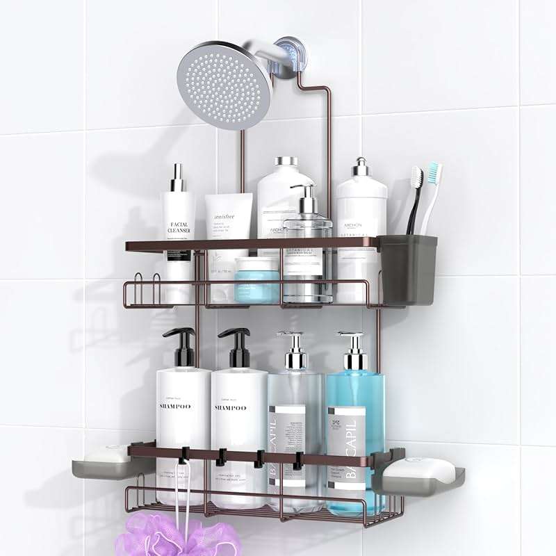 AKTECKE Shower Caddy Hanging Bathroom Organizer: Rustproof Shelf for Inside Shower - No Drilling, Over Showerhead - Bath Shelves for Shampoo, Soap - Bronze - Image 1