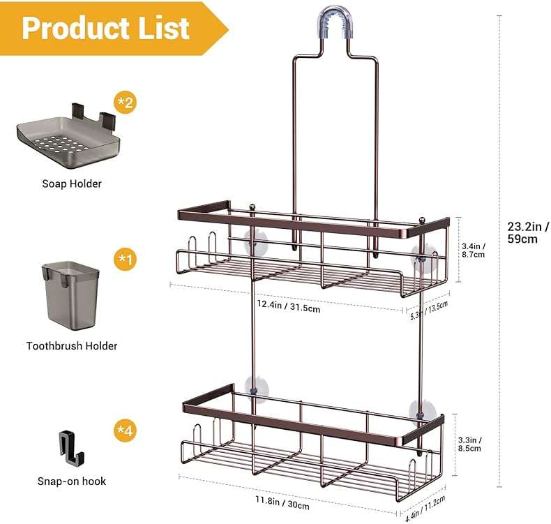 AKTECKE Shower Caddy Hanging Bathroom Organizer: Rustproof Shelf for Inside Shower - No Drilling, Over Showerhead - Bath Shelves for Shampoo, Soap - Bronze - Image 2