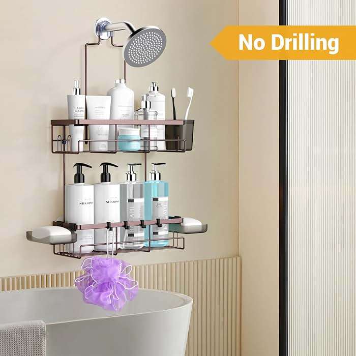 AKTECKE Shower Caddy Hanging Bathroom Organizer: Rustproof Shelf for Inside Shower - No Drilling, Over Showerhead - Bath Shelves for Shampoo, Soap - Bronze - Image 6