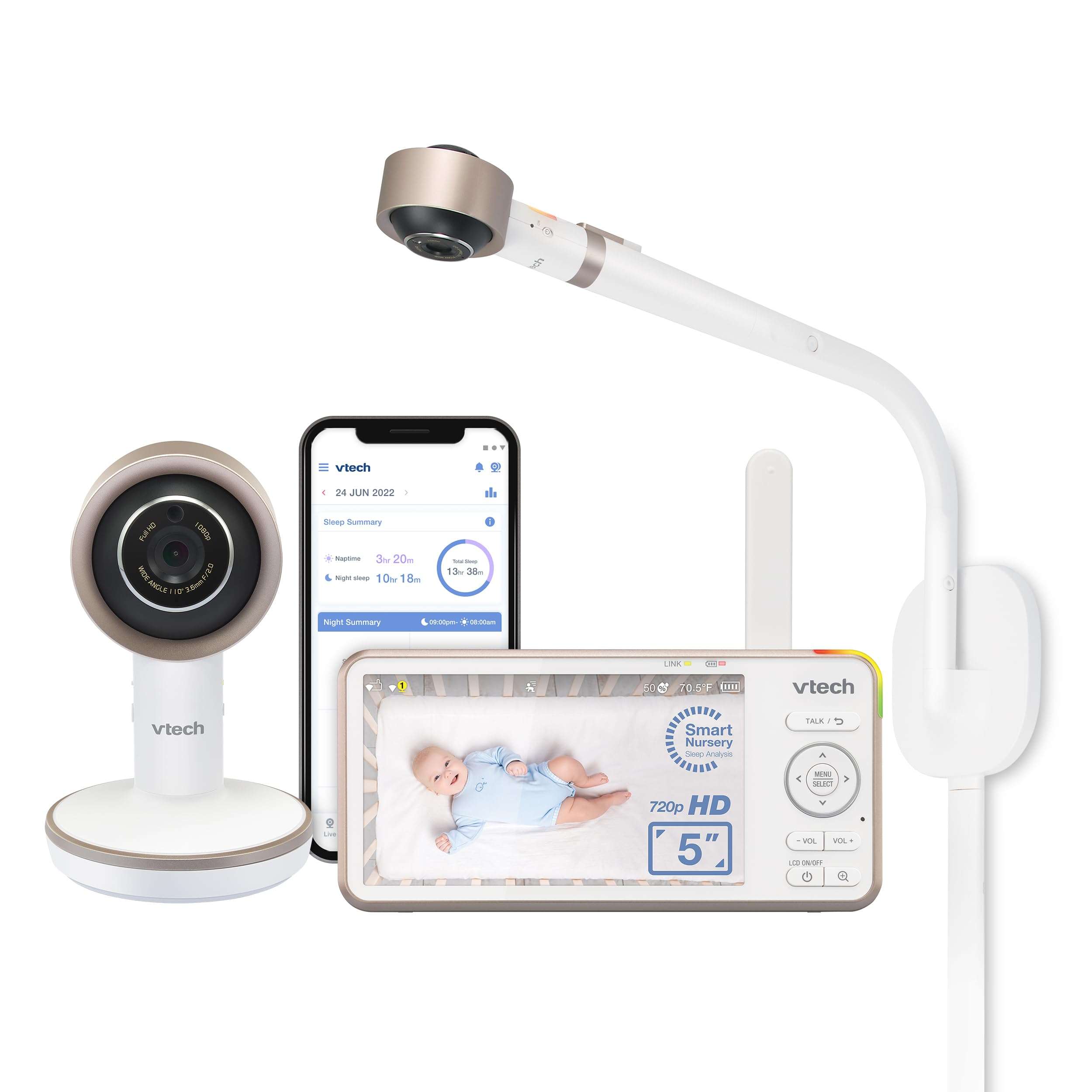 VTech V-Care VC2105 1080p FHD Over-The Crib Mount Smart Baby Monitor 5” 720p LCD Screen,Table Stand,Remote Access,Versatile Placement,Intelligence Detection, Sleep Analysis,18hrs Recording,with WiFi - Image 1