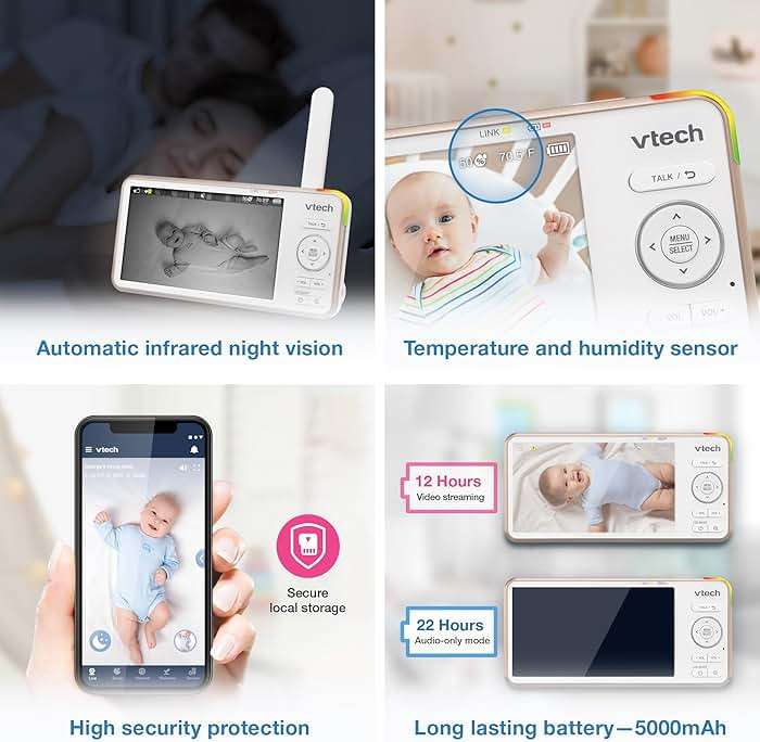VTech V-Care VC2105 1080p FHD Over-The Crib Mount Smart Baby Monitor 5” 720p LCD Screen,Table Stand,Remote Access,Versatile Placement,Intelligence Detection, Sleep Analysis,18hrs Recording,with WiFi - Image 9