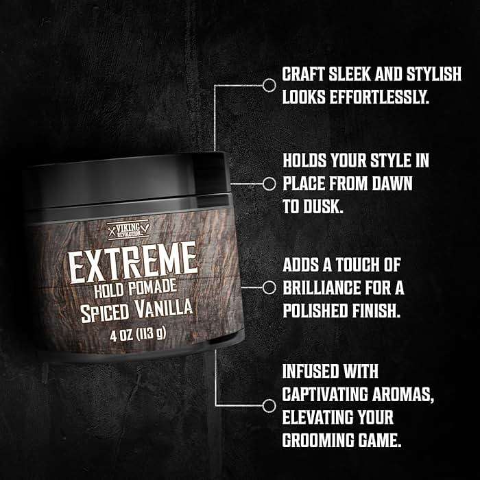 Viking Revolution Spiced Vanilla Hair Pomade for Men - Extreme Hold Hair Gel for Men - Water Based - Extra Firm Mens Hair Pomade - High Shine Mens Hair Cream (4oz) - Image 3