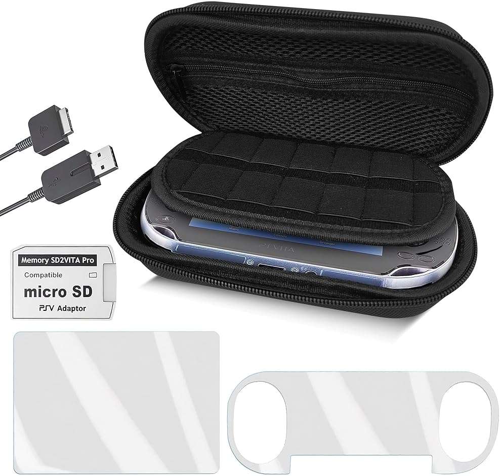 Skywin 4-in-1 Kit for PS Vita 2000 Slim - Black Case with Front & Back Protector, Adapter Charger Cable, Micro SD Card - Image 1