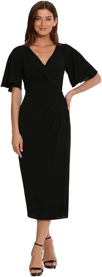 Maggy London Women's Maggy London Women's Dresses Short Flutter Sleeve Faux Wrap Midi Dress - Image 1