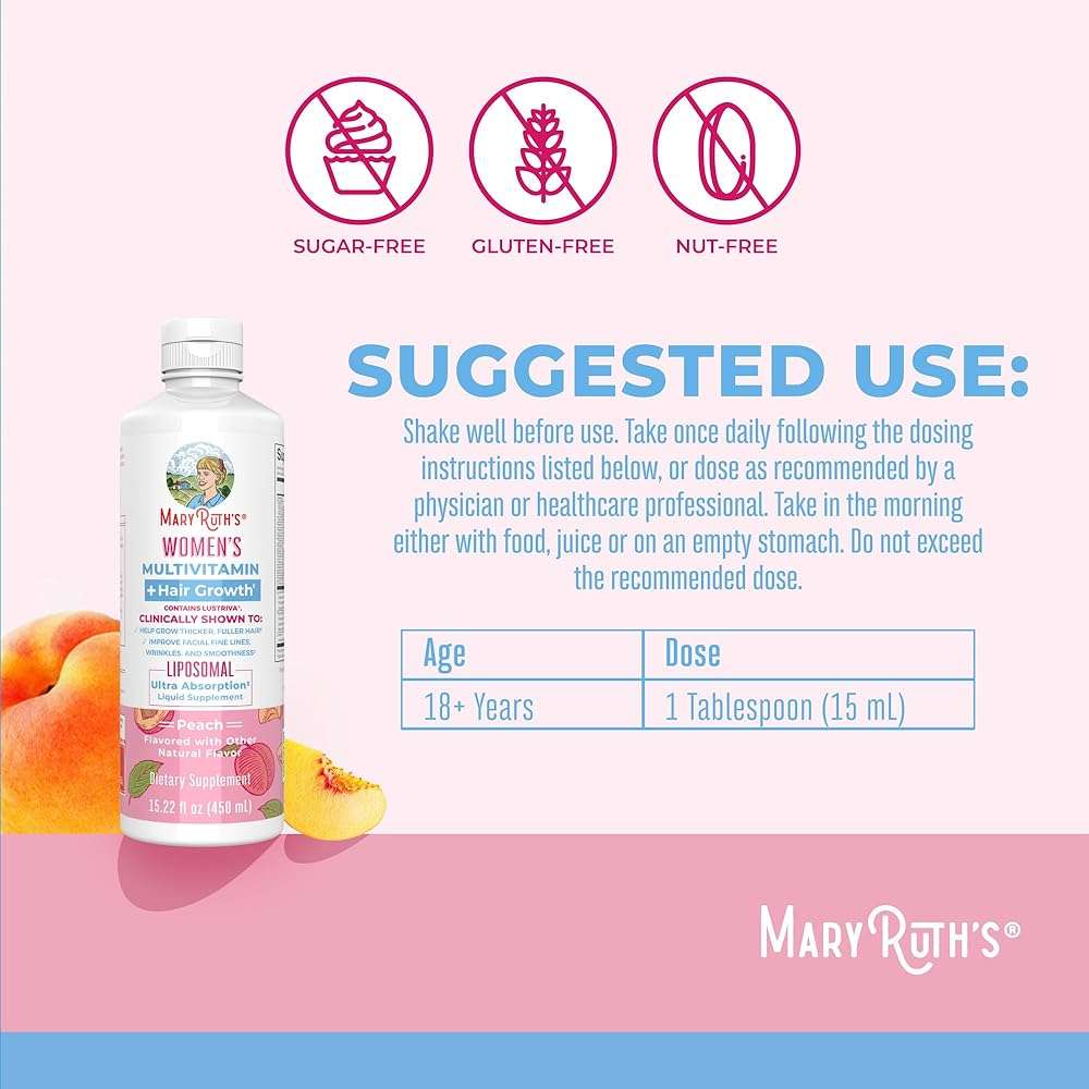 MARYRUTH'S Women's Multivitamin + Lustriva Hair Growth Liposomal | Biotin 10000mcg | Clinically Tested for Thicker, Fuller Hair, Improved Facial Fine Lines & Wrinkles | Ages 18+ | 15.22 Fl Oz - Image 3
