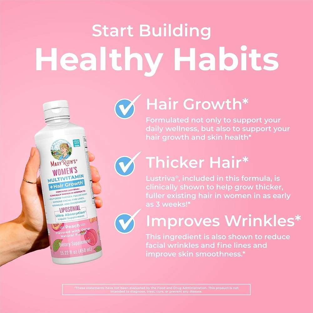 MARYRUTH'S Women's Multivitamin + Lustriva Hair Growth Liposomal | Biotin 10000mcg | Clinically Tested for Thicker, Fuller Hair, Improved Facial Fine Lines & Wrinkles | Ages 18+ | 15.22 Fl Oz - Image 5