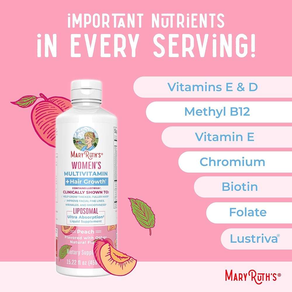 MARYRUTH'S Women's Multivitamin + Lustriva Hair Growth Liposomal | Biotin 10000mcg | Clinically Tested for Thicker, Fuller Hair, Improved Facial Fine Lines & Wrinkles | Ages 18+ | 15.22 Fl Oz - Image 7