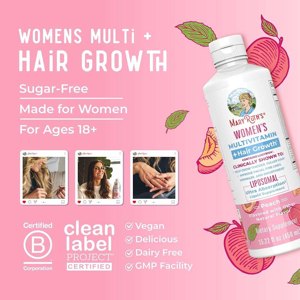 MARYRUTH'S Women's Multivitamin + Lustriva Hair Growth Liposomal | Biotin 10000mcg | Clinically Tested for Thicker, Fuller Hair, Improved Facial Fine Lines & Wrinkles | Ages 18+ | 15.22 Fl Oz - Image 8
