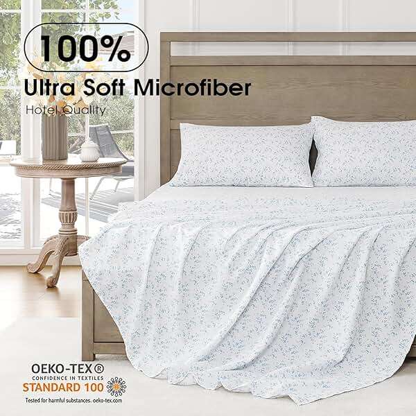 FreshCulture Floral Bed Sheets - Ultra Soft Queen Sheet Set - Brushed Microfiber Blue Floral Sheets - Deep Pockets up to 16" - Easy Care - Hotel Luxury 4 Piece Flower Printed Sheets Queen, Lille - Image 3