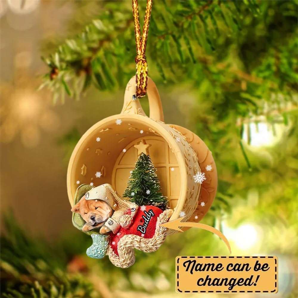Personalized Dog Chow Chow Sleeping in A Tiny Cup Christmas Ornament, Custom Name, Ornament 2D Flat Shape, Gift for Dog Lovers, Christmas, Birthday, Holiday - G28 - Image 3