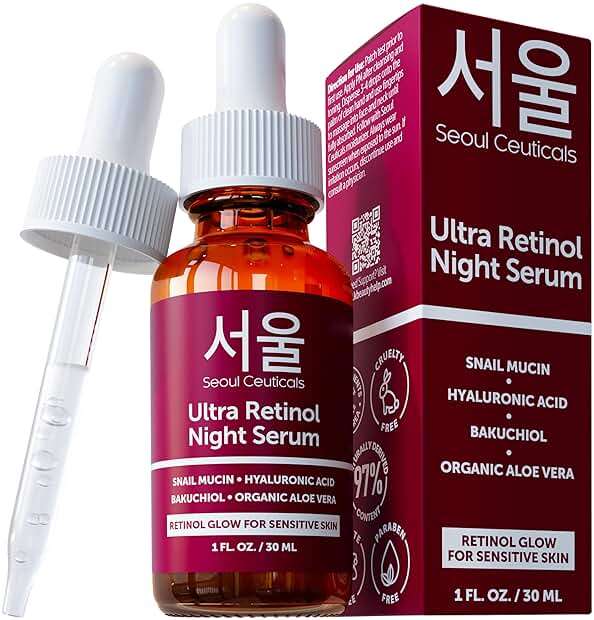 SeoulCeuticals 1% Korean Retinol Night Serum for Face - 97.5% Snail Mucin + Hyaluronic Acid + Bakuchiol, Cruelty Free K Beauty for Sensitive Skin 1oz - Image 1