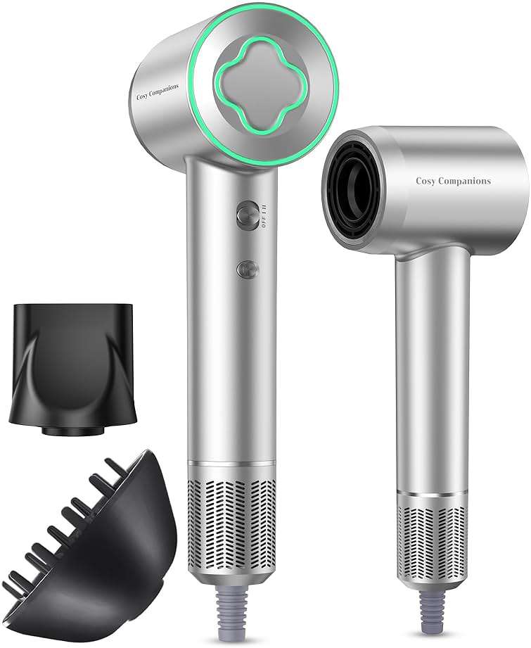 Cosy Companions High-Speed Ionic Hair Dryer, 150000 RPM Brushless Motor for 2-5Min Fast Drying, Low Noise Blow Dryer Reduces Frizz & Heat Damage, Lightweight Hair Dryer with Diffuser & Nozzle, Silvery - Image 1