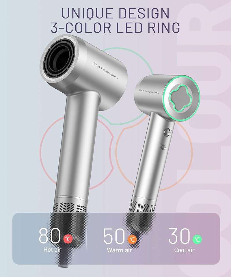 Cosy Companions High-Speed Ionic Hair Dryer, 150000 RPM Brushless Motor for 2-5Min Fast Drying, Low Noise Blow Dryer Reduces Frizz & Heat Damage, Lightweight Hair Dryer with Diffuser & Nozzle, Silvery - Image 4