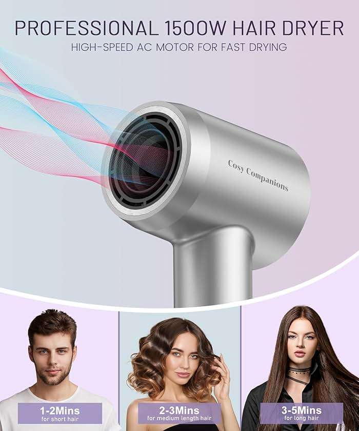 Cosy Companions High-Speed Ionic Hair Dryer, 150000 RPM Brushless Motor for 2-5Min Fast Drying, Low Noise Blow Dryer Reduces Frizz & Heat Damage, Lightweight Hair Dryer with Diffuser & Nozzle, Silvery - Image 5