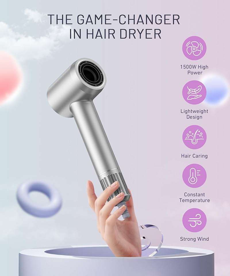 Cosy Companions High-Speed Ionic Hair Dryer, 150000 RPM Brushless Motor for 2-5Min Fast Drying, Low Noise Blow Dryer Reduces Frizz & Heat Damage, Lightweight Hair Dryer with Diffuser & Nozzle, Silvery - Image 7
