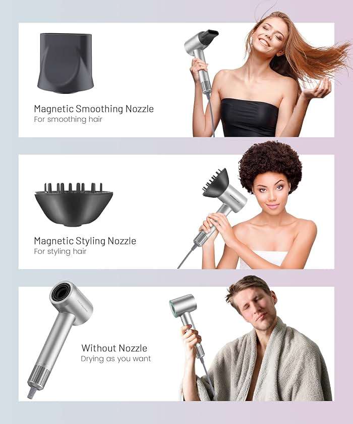 Cosy Companions High-Speed Ionic Hair Dryer, 150000 RPM Brushless Motor for 2-5Min Fast Drying, Low Noise Blow Dryer Reduces Frizz & Heat Damage, Lightweight Hair Dryer with Diffuser & Nozzle, Silvery - Image 8