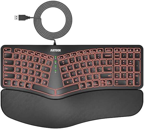 Arteck Ergonomic USB Wired Keyboard with Cushioned Wrist & Palm Rest, Backlit 7 Colors & Adjustable Brightness Comfortable Natural Split Keyboard with 6 Feet Wire for Windows Computer Desktop Laptop - Image 1