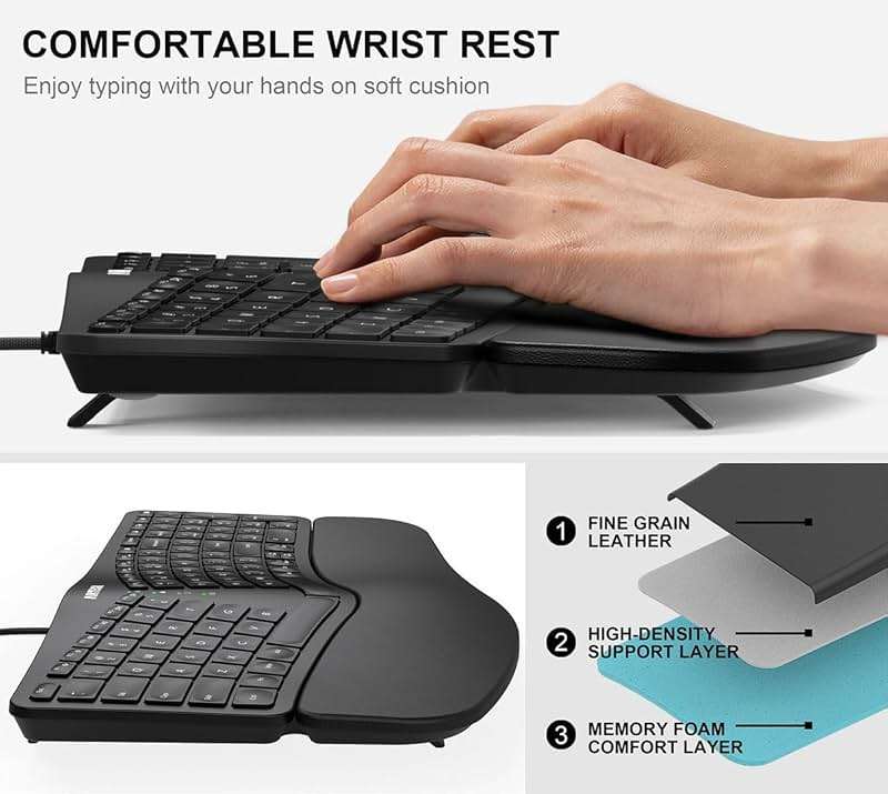 Arteck Ergonomic USB Wired Keyboard with Cushioned Wrist & Palm Rest, Backlit 7 Colors & Adjustable Brightness Comfortable Natural Split Keyboard with 6 Feet Wire for Windows Computer Desktop Laptop - Image 3