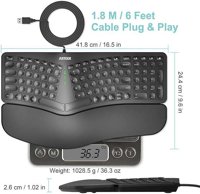 Arteck Ergonomic USB Wired Keyboard with Cushioned Wrist & Palm Rest, Backlit 7 Colors & Adjustable Brightness Comfortable Natural Split Keyboard with 6 Feet Wire for Windows Computer Desktop Laptop - Image 5