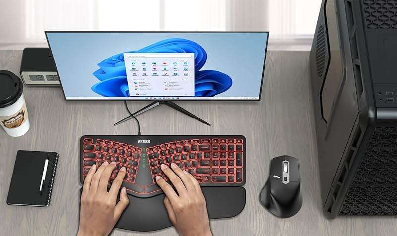 Arteck Ergonomic USB Wired Keyboard with Cushioned Wrist & Palm Rest, Backlit 7 Colors & Adjustable Brightness Comfortable Natural Split Keyboard with 6 Feet Wire for Windows Computer Desktop Laptop - Image 7