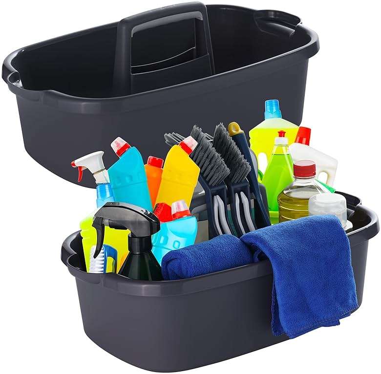 Omirome 2-Pack Large Gray Cleaning Caddy for Cleaning Supplies with Handle - Portable Plastic Tote Organizer for Shower, Bathroom, Kitchen, Under Sink Storage - Image 1