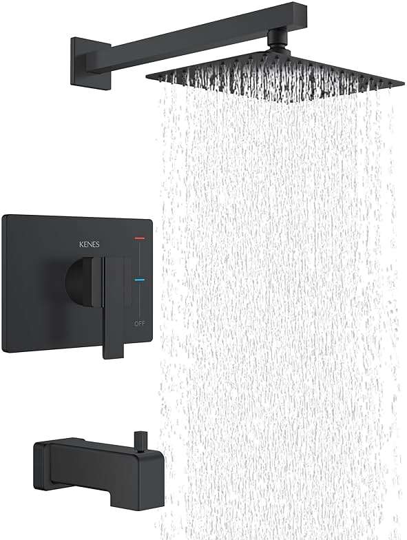 KENES Matte Black Tub Shower Faucet Set Complete with 10-Inch Rainfall Shower Head and Tub Spout, Square Tub and Shower Trim Kit, KE-6024A-2 (Shower Valve Included) - Image 1