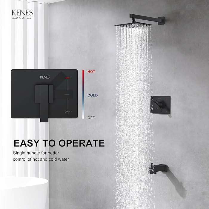 KENES Matte Black Tub Shower Faucet Set Complete with 10-Inch Rainfall Shower Head and Tub Spout, Square Tub and Shower Trim Kit, KE-6024A-2 (Shower Valve Included) - Image 4