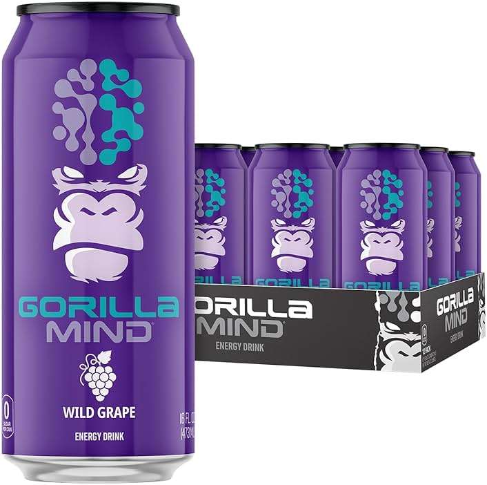 Gorilla Mind Energy Drink | Unmatched Energy · Amplified Focus | N-Acetyl-L-Tyrosine, Alpha-GPC, 200mg Caffeine, Uridine, Saffron | 0 Sugar Or Artificial Colors | 16oz, 12-Pack (Wild Grape) - Image 1