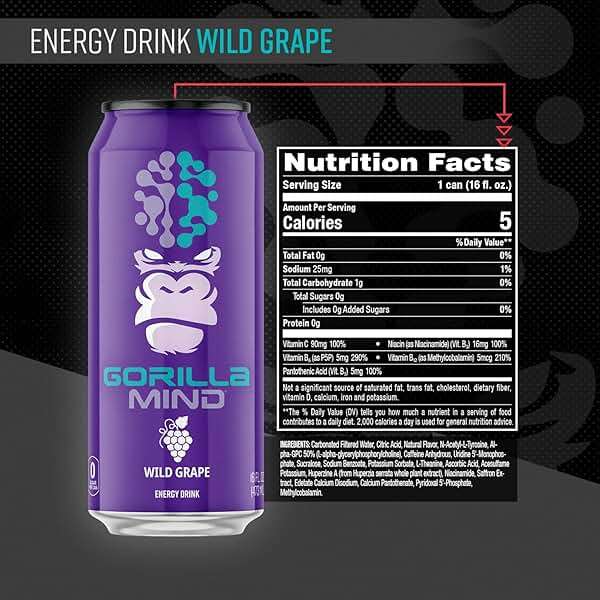 Gorilla Mind Energy Drink | Unmatched Energy · Amplified Focus | N-Acetyl-L-Tyrosine, Alpha-GPC, 200mg Caffeine, Uridine, Saffron | 0 Sugar Or Artificial Colors | 16oz, 12-Pack (Wild Grape) - Image 2