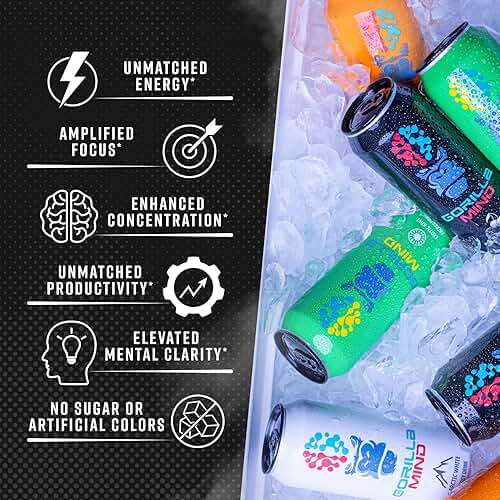 Gorilla Mind Energy Drink | Unmatched Energy · Amplified Focus | N-Acetyl-L-Tyrosine, Alpha-GPC, 200mg Caffeine, Uridine, Saffron | 0 Sugar Or Artificial Colors | 16oz, 12-Pack (Wild Grape) - Image 3