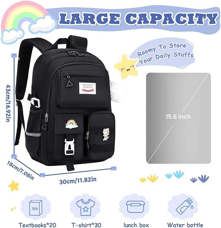 MUSEVOS Girls Backpack for Kids Teenage Elementary Middle High School Backpacks, Lightweight Water Resistant Bookbag Multiple Compartments large Capacity, Black - Image 2