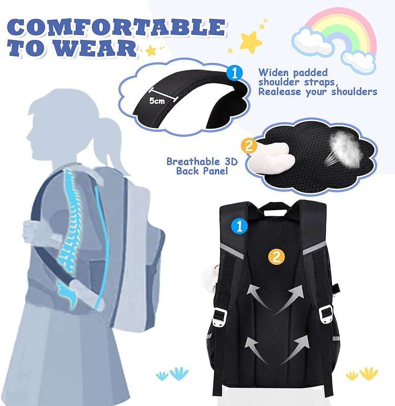 MUSEVOS Girls Backpack for Kids Teenage Elementary Middle High School Backpacks, Lightweight Water Resistant Bookbag Multiple Compartments large Capacity, Black - Image 3