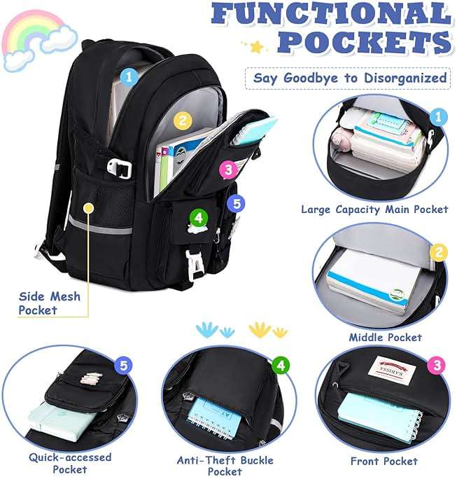 MUSEVOS Girls Backpack for Kids Teenage Elementary Middle High School Backpacks, Lightweight Water Resistant Bookbag Multiple Compartments large Capacity, Black - Image 4
