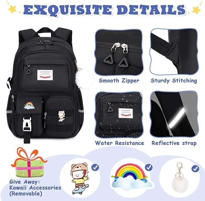 MUSEVOS Girls Backpack for Kids Teenage Elementary Middle High School Backpacks, Lightweight Water Resistant Bookbag Multiple Compartments large Capacity, Black - Image 5