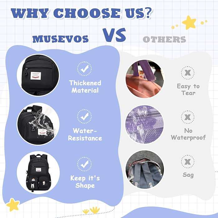 MUSEVOS Girls Backpack for Kids Teenage Elementary Middle High School Backpacks, Lightweight Water Resistant Bookbag Multiple Compartments large Capacity, Black - Image 8