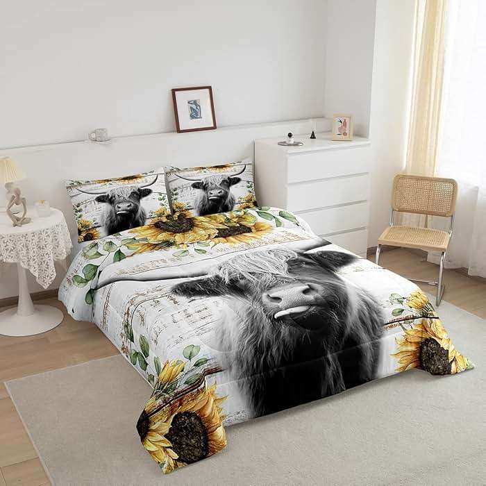 Highland Cattle Cow Bedding Set King for Boys Girls Sunflower Comforter Set Women Teens Kids Wild Animal Western Farmhouse Highland Cow Quilted Duvet Nature Flower Board Decor Down Comforter - Image 2