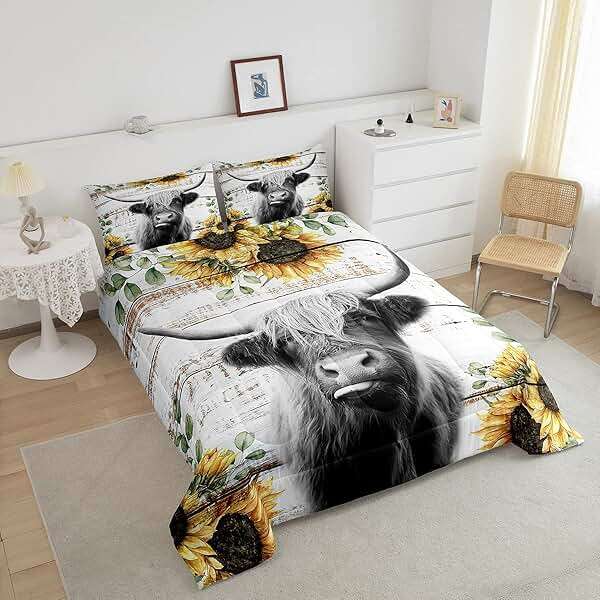 Highland Cattle Cow Bedding Set King for Boys Girls Sunflower Comforter Set Women Teens Kids Wild Animal Western Farmhouse Highland Cow Quilted Duvet Nature Flower Board Decor Down Comforter - Image 3